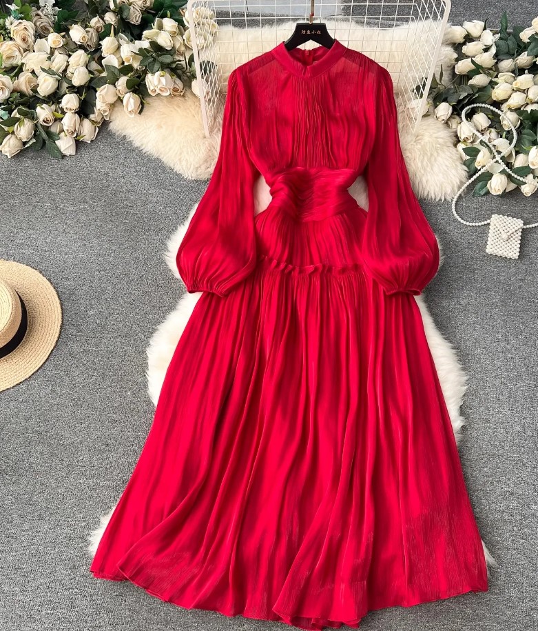 French Luxury Puff Sleeve Pleated Party Dress