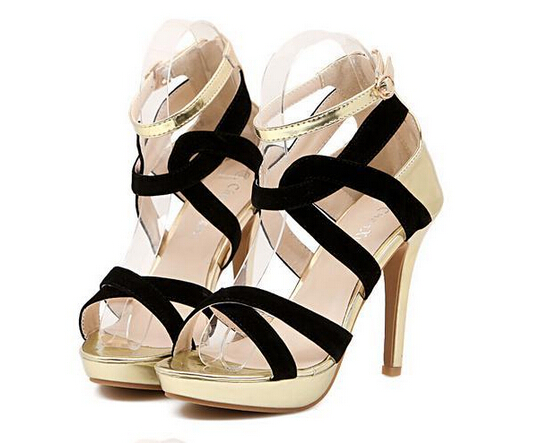 Elegant Black And Gold Peep Toe Fashion High Heel Sandals on Luulla