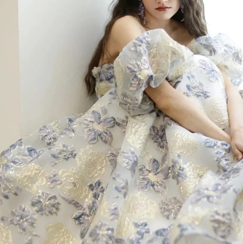 Floral Puff Sleeve Square Collar Smocked Elastic Mini Dress
