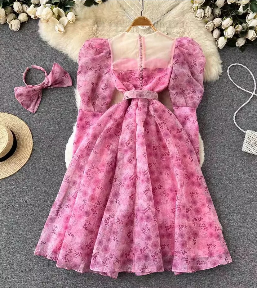 Pink Flower Printed Organza Dress