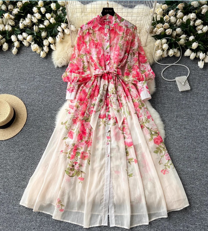 white christmas dresses Chiffon Lantern Sleeve Ruffled Dress Apricot / S main image 1