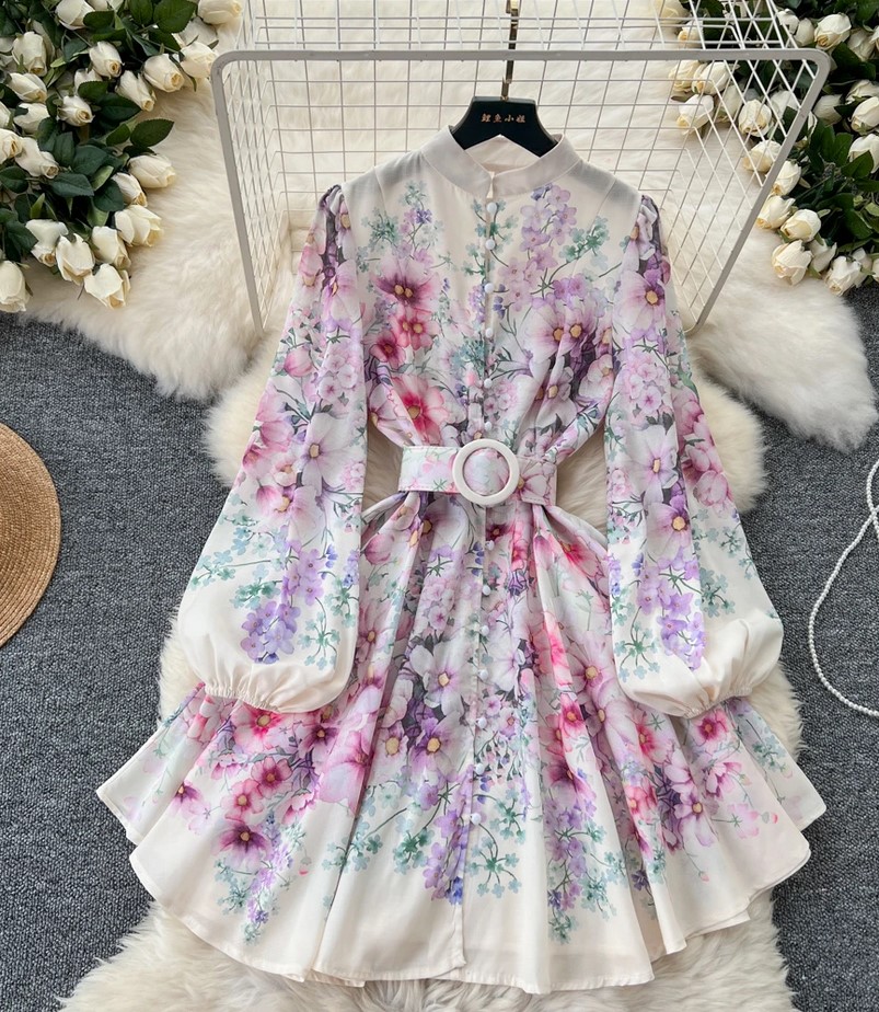 Chic V-Neck Lantern Sleeve A-line Dress