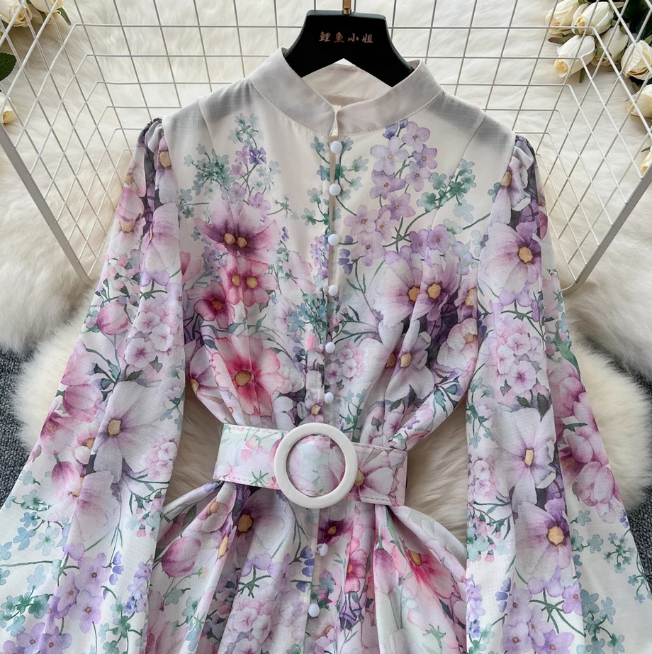 Women's Lantern Sleeve V Neck Tie Leaf Print Swing Dress