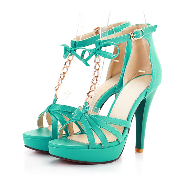 Gold Metal Chain And Bow Design High Heel Fashion Sandals In 4 Colors