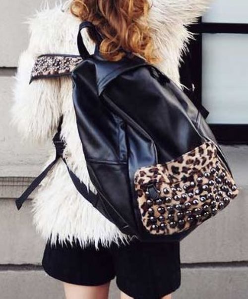 Stylish Rivet Leopard Print And Black Back Pack on Luulla
