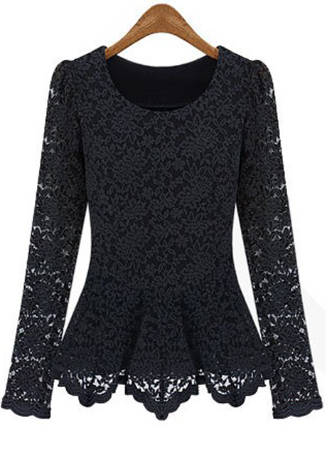 Long Sleeve Lace Blouse In Black And Apricot on Luulla
