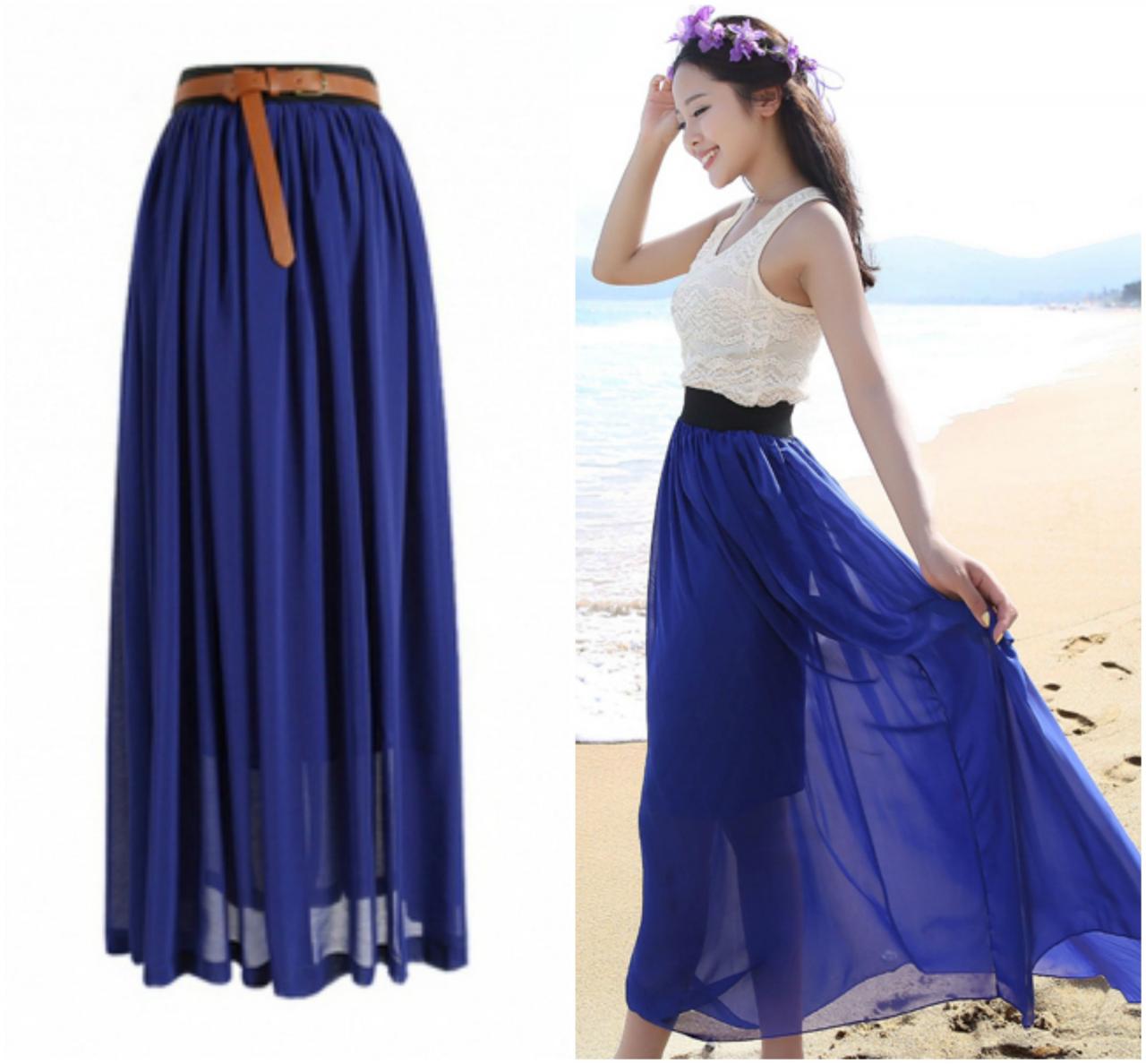 Navy Blue Chiffon Maxi Skirt