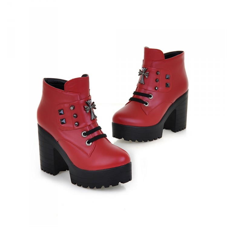 red chunky heel boot