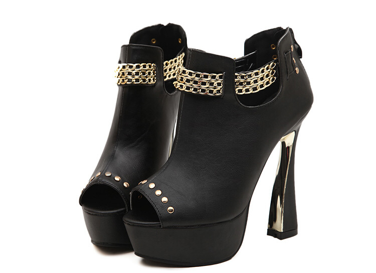 Studded Gold Chain Design High Heel Peep Toe Boots In Black And White