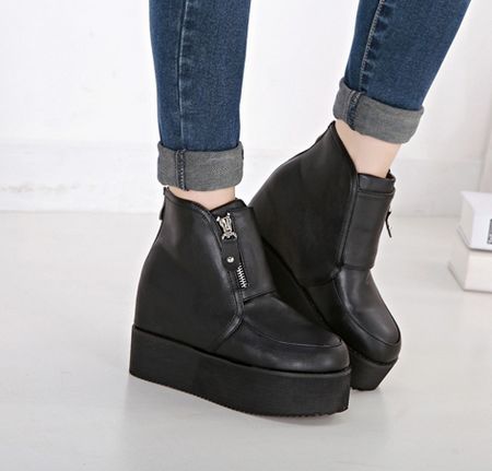 Side Zipper Design Black Platform Wedge Ankle Boots