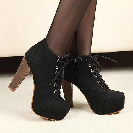 Black Lace Up Suede High Heel Boots on 