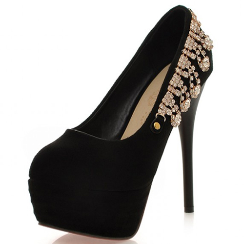 black high heels with rhinestones