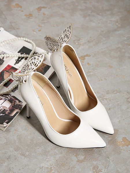 Elegant Butterfly Design Pointed Toe High Heel Shoes In Black, White And Apricot
