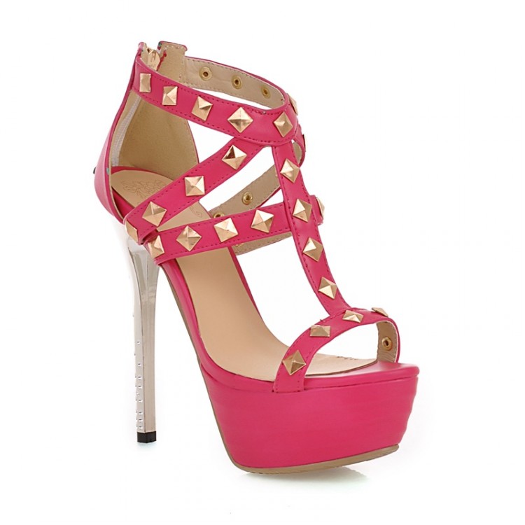 Stiletto High Heels Studded Gladiator Sandals In Rose Red on Luulla