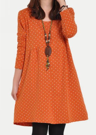 Polka Dots Design Long Sleeve Round Neck Loose Dress In Green, Orange ...