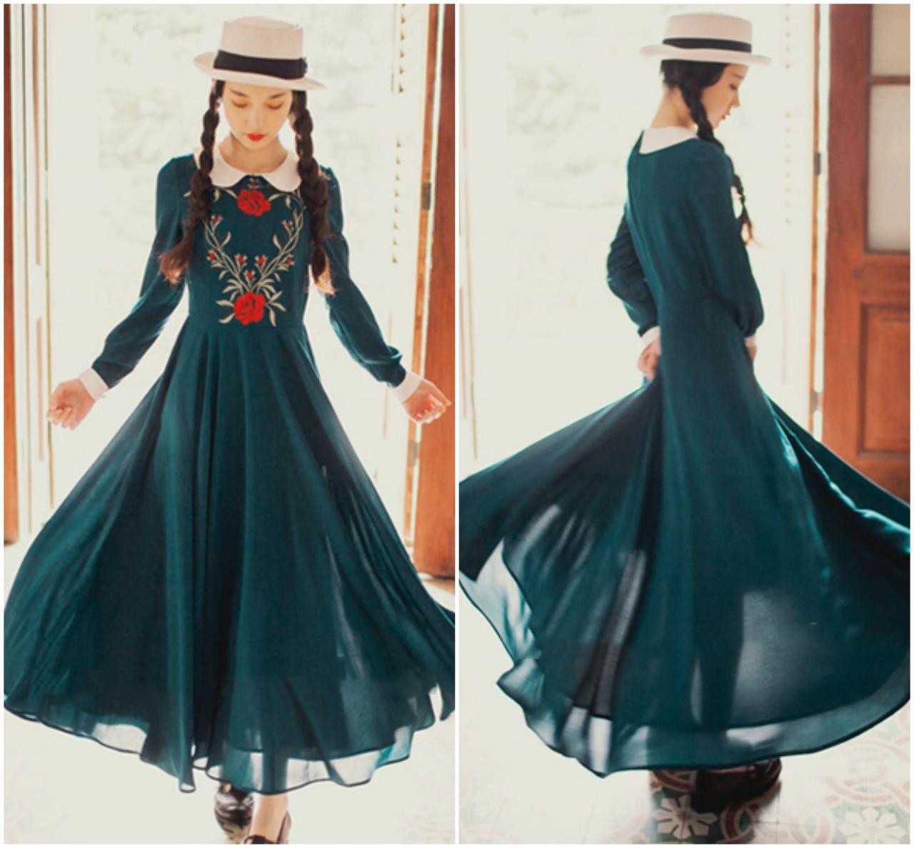 Beautiful Vintage Design Doll Collar Long Sleeve Chiffon Dress