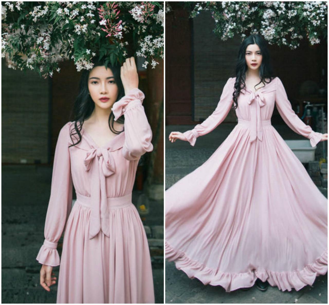 Beautiful Vintage Inspired Long Sleeve Pink Dress With Bow