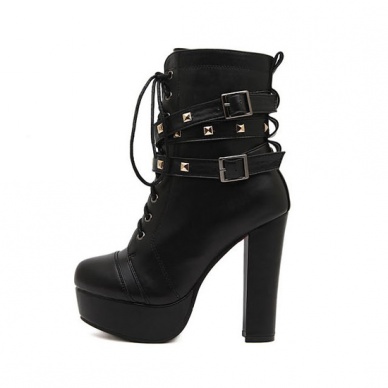 Studded Lace Up Black Chunky Heel Boots on Luulla