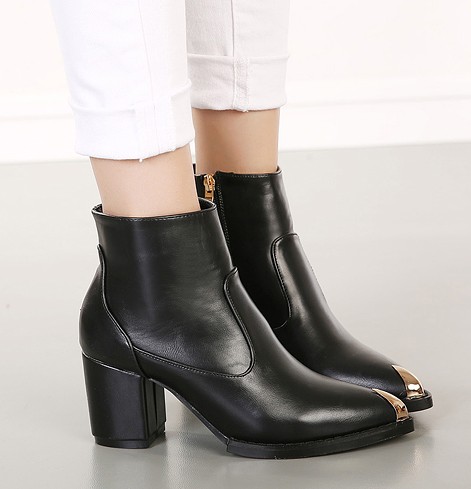 Black Leather Pointed Toe Ankle Boots Featuring Metal Embellishment