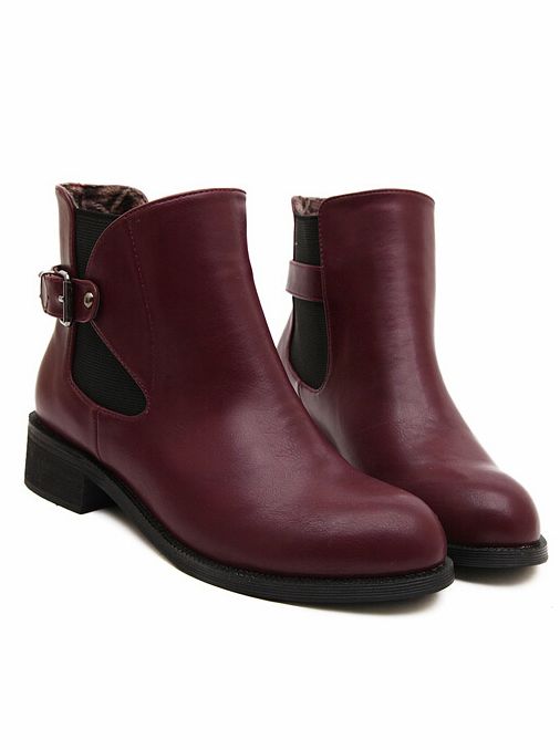 Red Wine Flat Ankle Boots With Buckle Straps