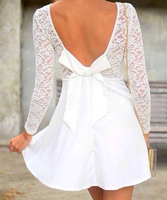 Long Sleeve White Lace Dress With Bow on Luulla