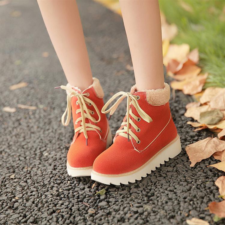 Autumn And Winter Round Toe Flat Mid Heel Lace Up Ankle Boots