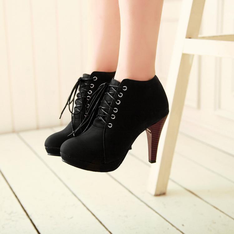 Round Toe Stiletto High Heel Lace Up Ankle Black Boots