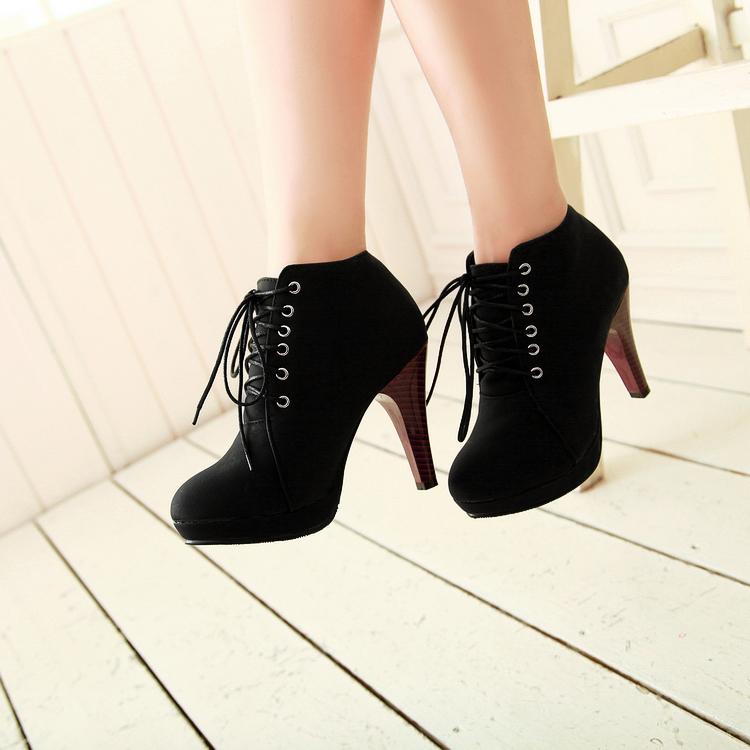 Round Toe Stiletto High Heel Lace Up Ankle Black Boots on Luulla