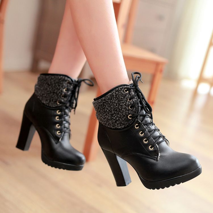 Chunky High Heel Lace Up Ankle Black Winter Boots on Luulla