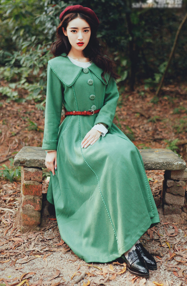 Vintage Style Long Sleeve Green Dress Coat on Luulla