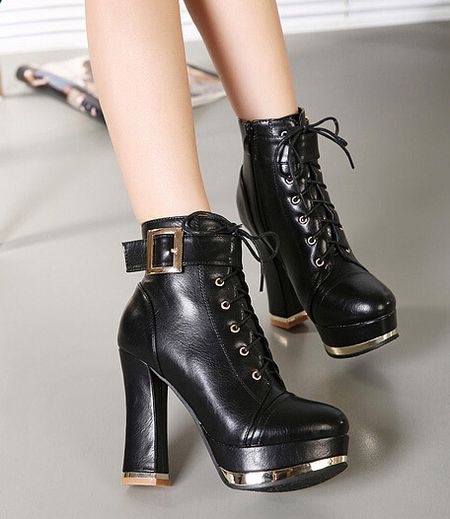 Stylish Black Lace Up Buckle Design Boots on Luulla