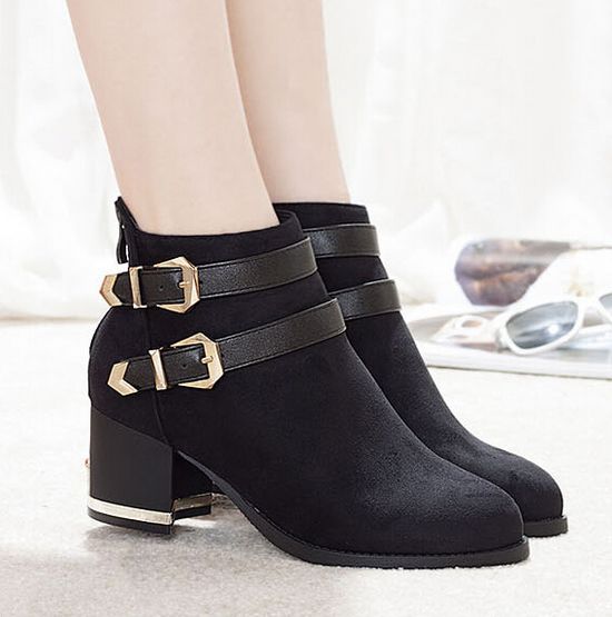 black heeled ankle boots with buckle