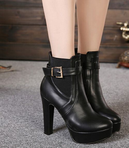 Pure Black High Heel Boots With Removable Buckle Design on Luulla