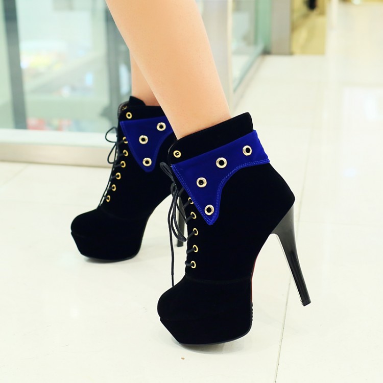 Black With Royal Blue Patchwork Design High Heel Winter Boots on Luulla