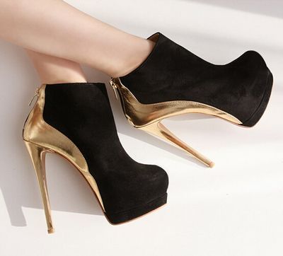 Sexy Black And Gold High Heel Booties 