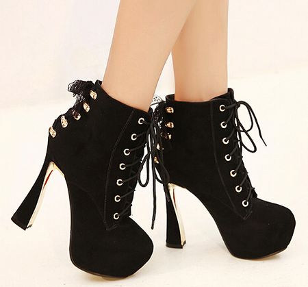 Cute Black High Heels Boots With Lace Detail On Luulla