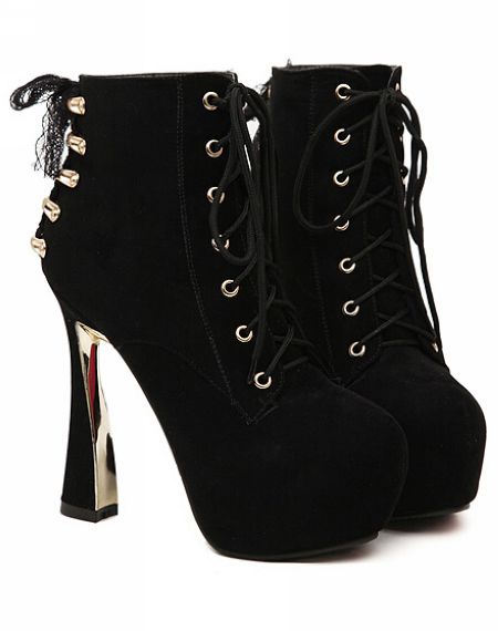 Cute Black High Heels Boots With Lace Detail on Luulla