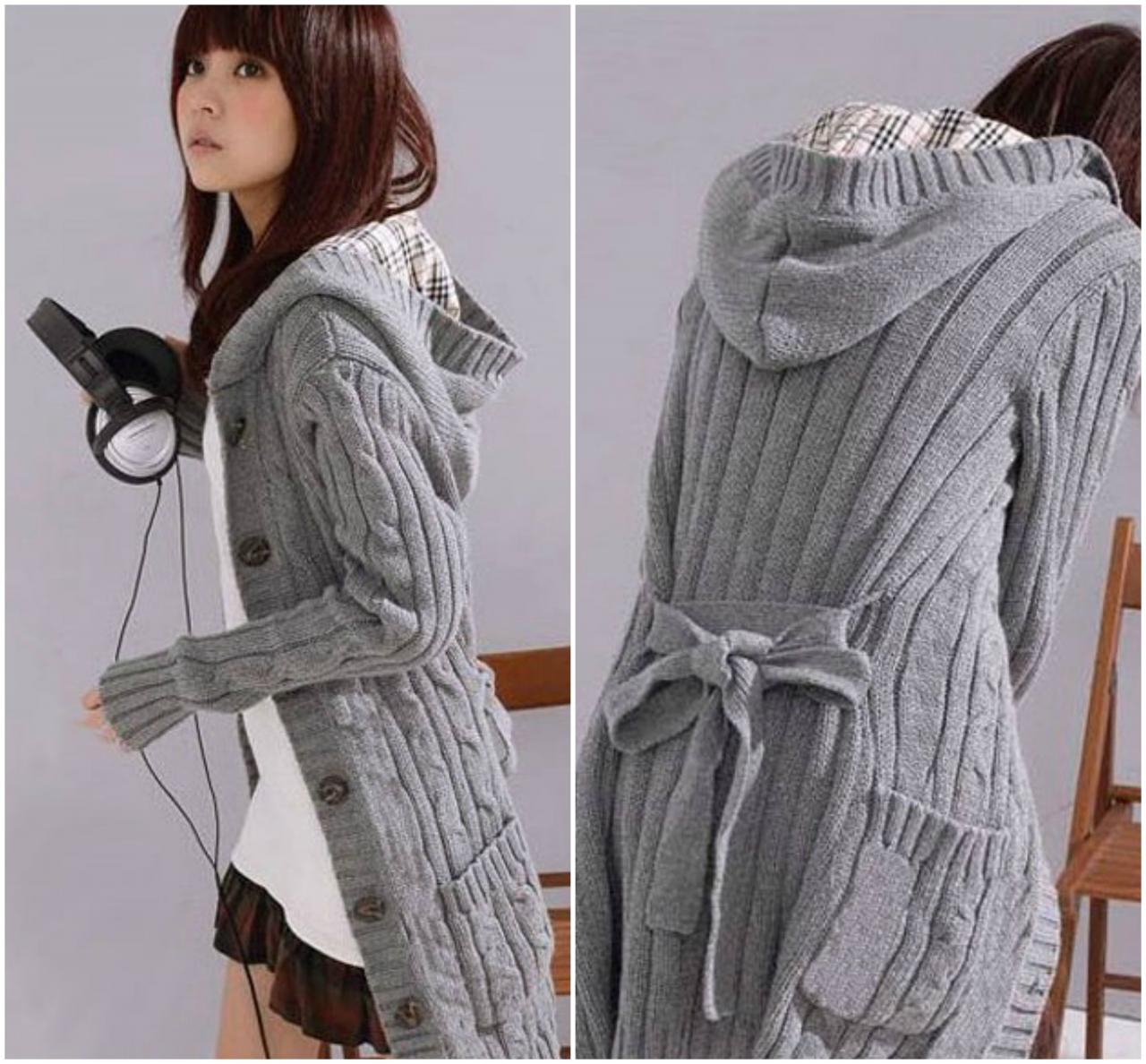Cute Hooded Grey Sweater Coat With Pockets