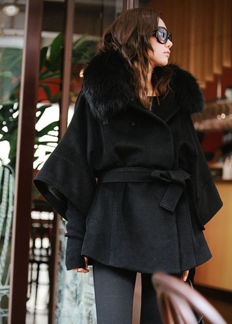 Faux Fur Collar Black Winter Coat on Luulla