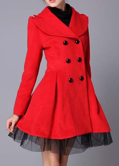 Gorgeous Red Turn down Collar Double Breasted Winter Coat