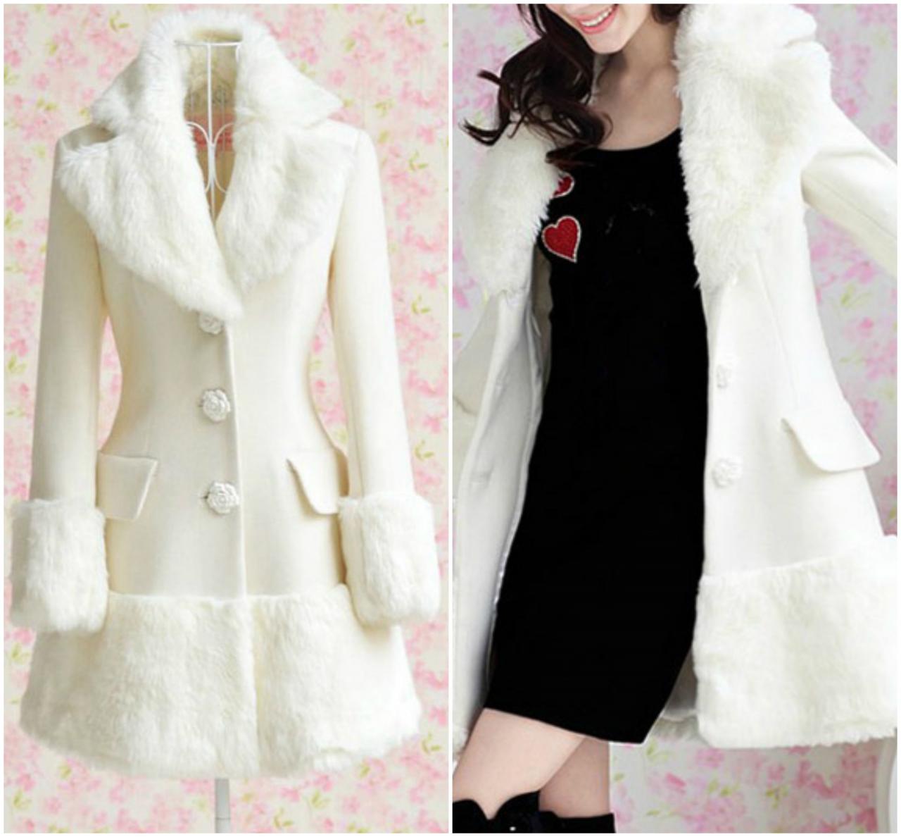 Fitted Long Sleeve White Coat With Faux Fur Decoration