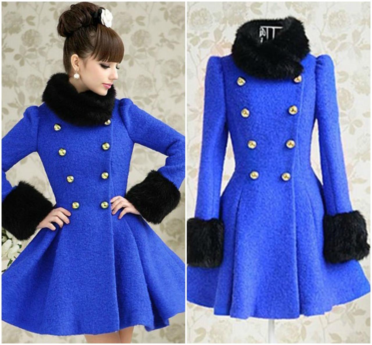 Gorgeous Faux Fur Design Blue Woolen Dress Pattern Coats