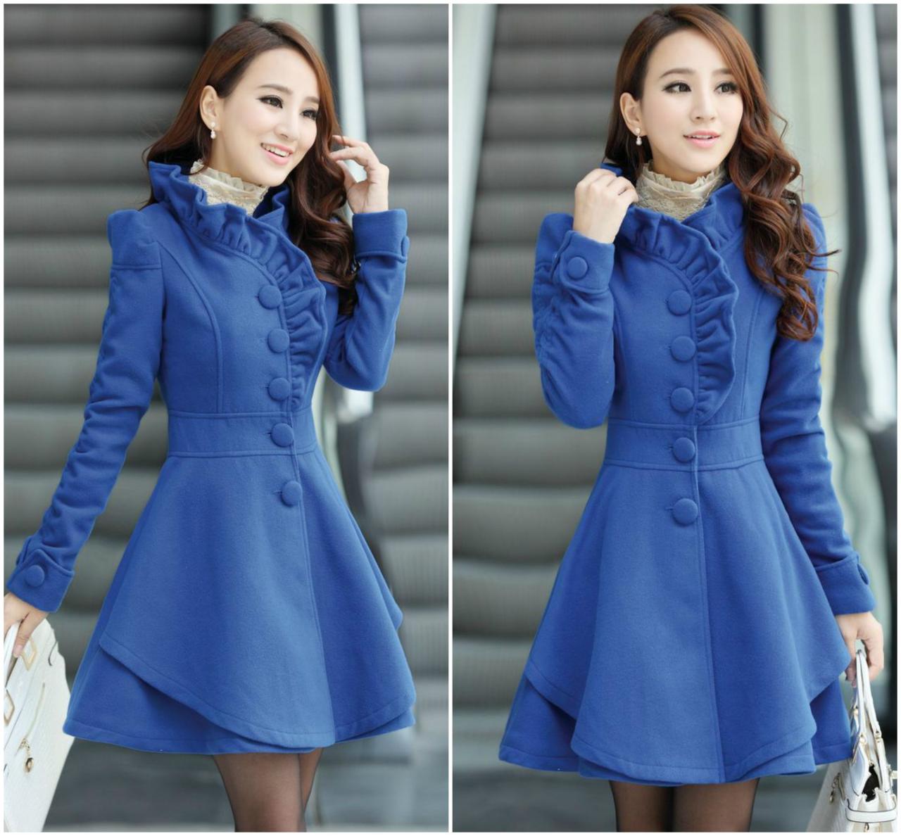 Fashion Style O Neck Long Sleeve Single Breasted Blue Wool Coat