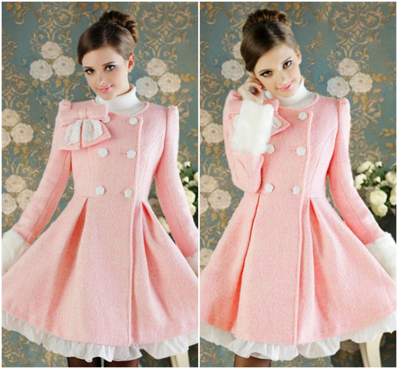 Adorable Pink Double Breasted Winter Coat With Bow