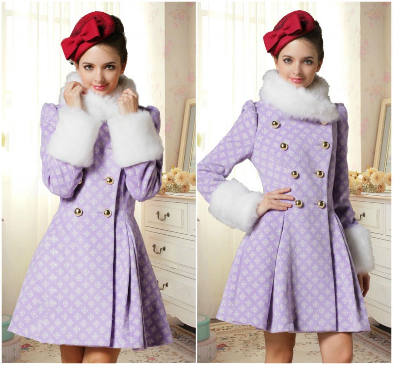 Luxury Double Breasted Faux Fur Design Purple Winter Coat