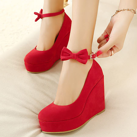 Red Ankle Strap Wedge Shoes With Bow