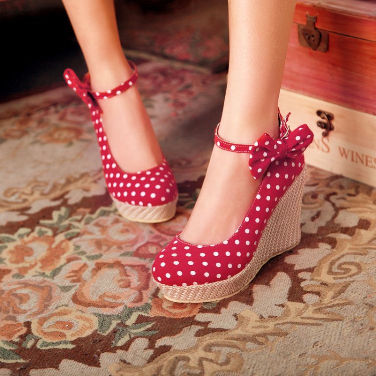Adorable Polka dots and Bow Design Red Wedge Shoes