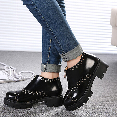 Black Studded Zip Up Front Chunky Heel Shoes