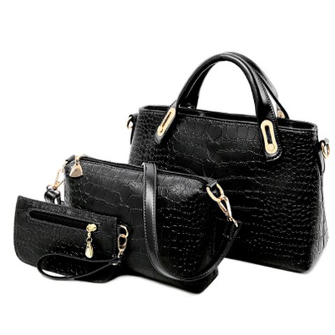 Crocodile Pattern Black Three Pieces Handbag Set