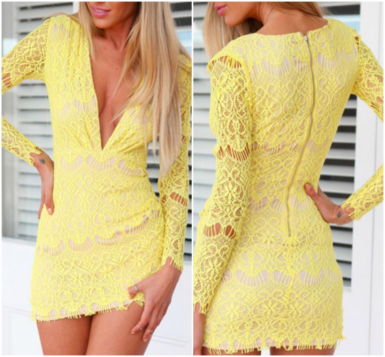 Sexy V Neck Yellow Long Sleeve Lace Dress